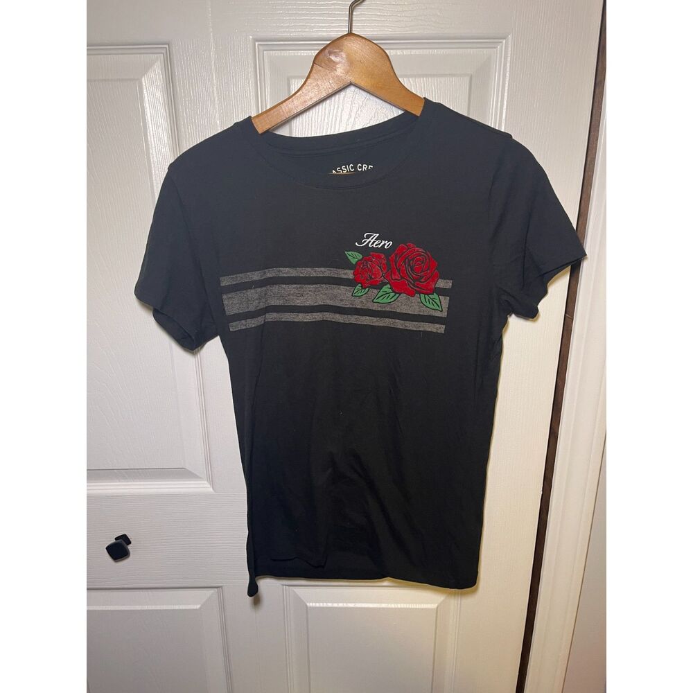 Aeropostale Aero Roses Graphic Tee Womens XL Black Short Sleeve Shirt